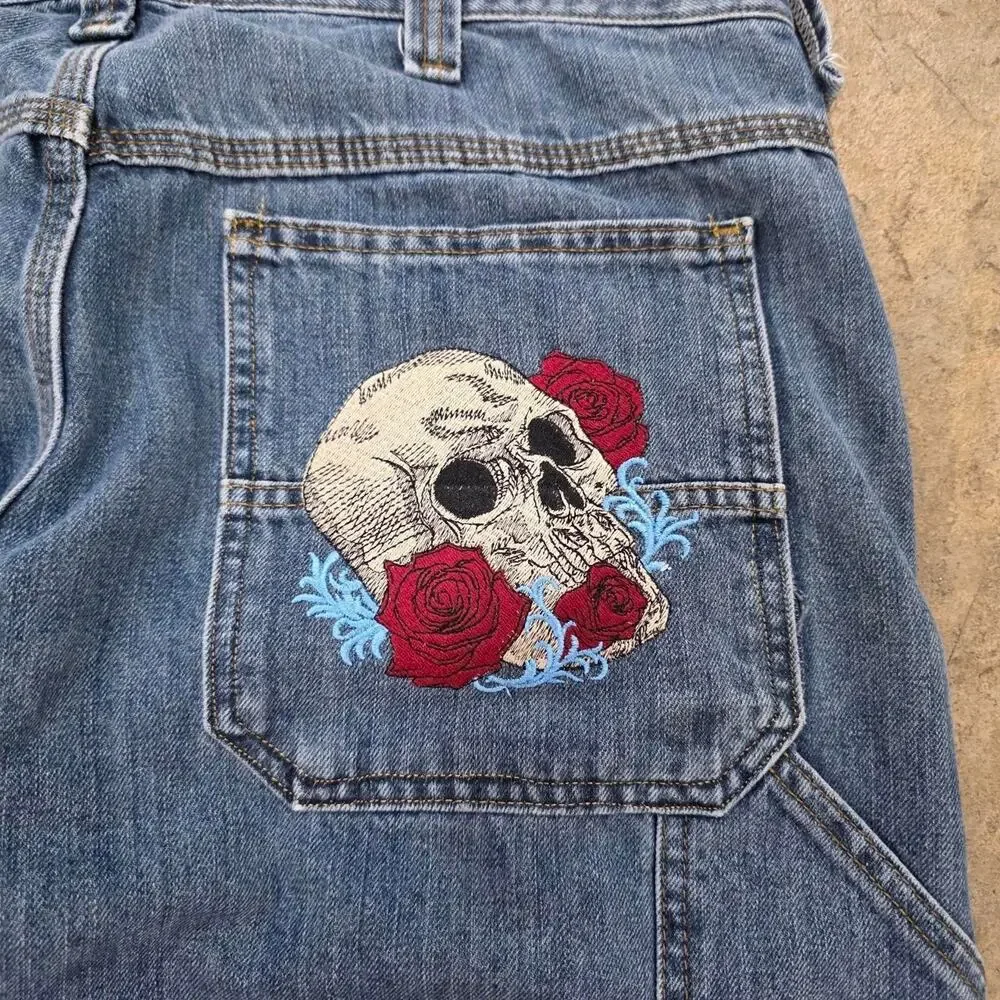 Custom Vintage Rose and Skull Lee Denim Jeans (38x32)