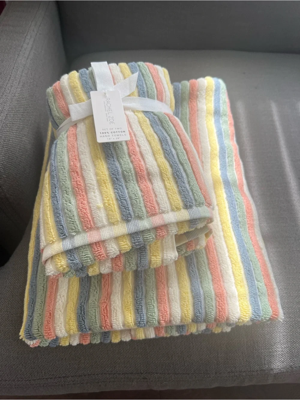 4Pc  Rachel Zoe Pastel Rainbow Bath towel Set Stripe Cotton Hand Towels yellow