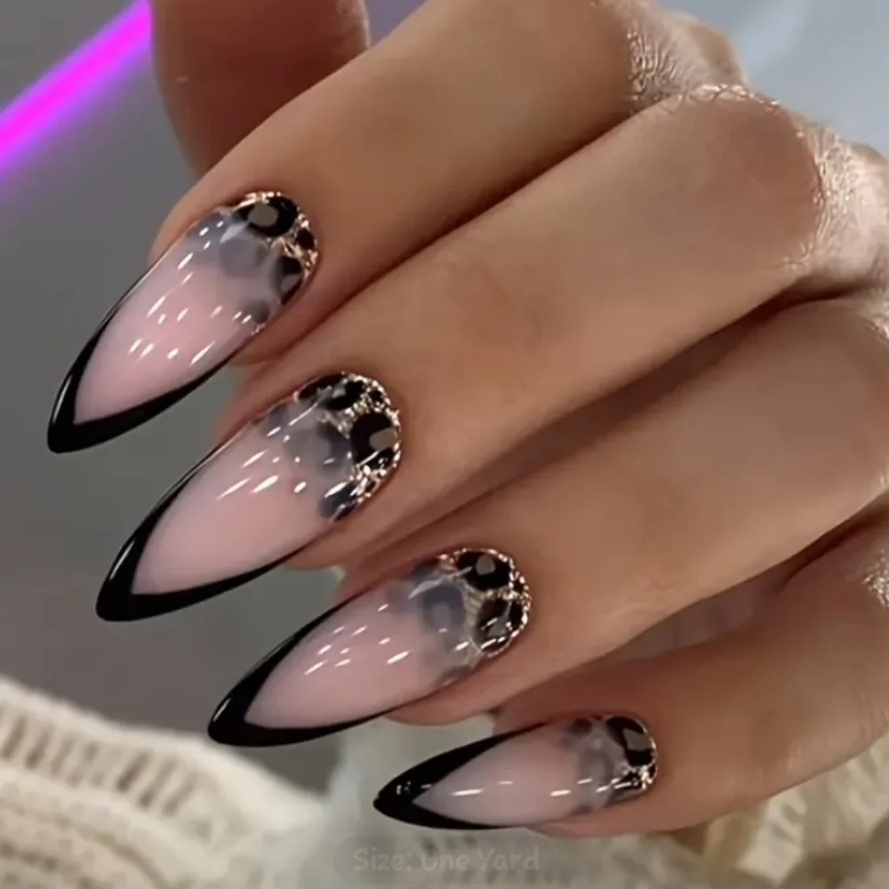 🔥3/$21 Chic Black Leopard print French tip Glossy finish Press On False Nails