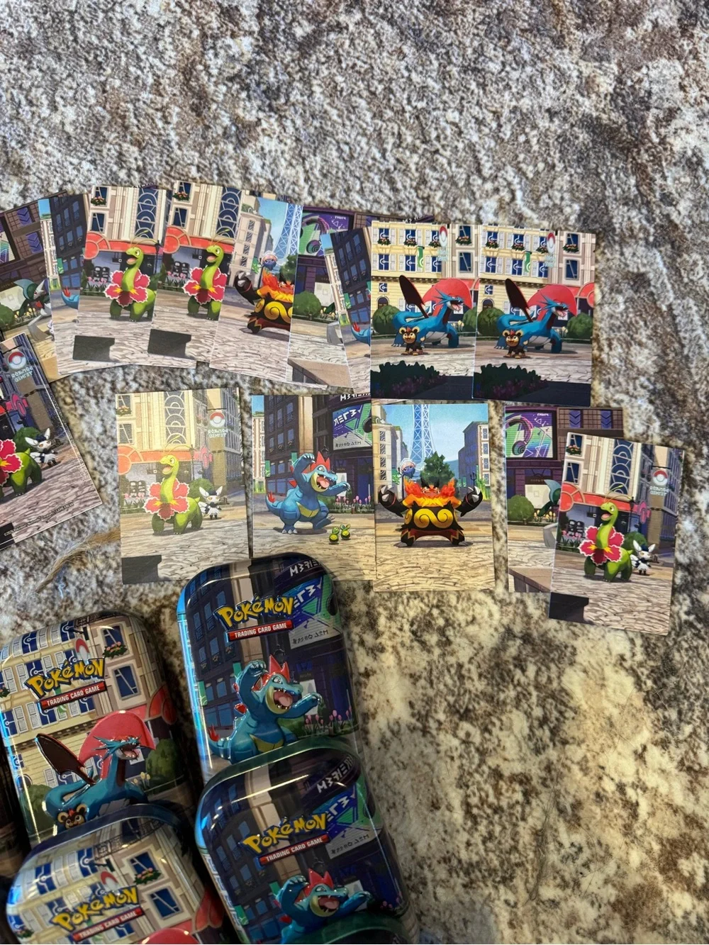 Pokemon Trading Card Tins and Cards - Blue, Green, Red, Yellow, Orange