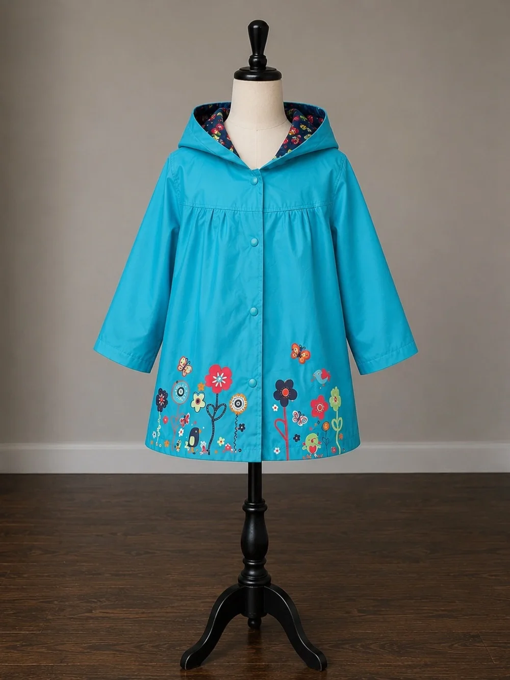 Kids Hooded Floral Raincoat - Turquoise