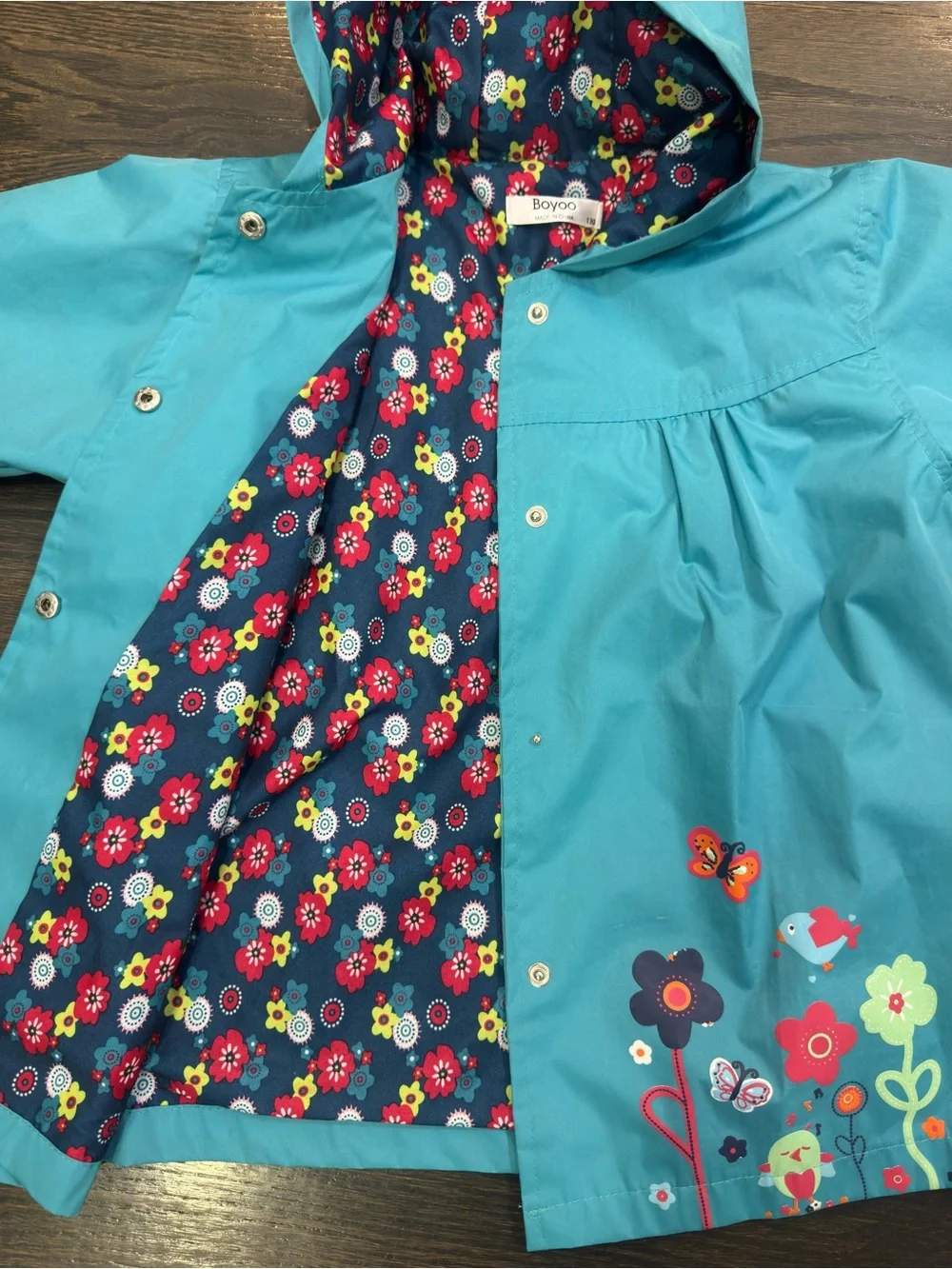 Kids Hooded Floral Raincoat - Turquoise
