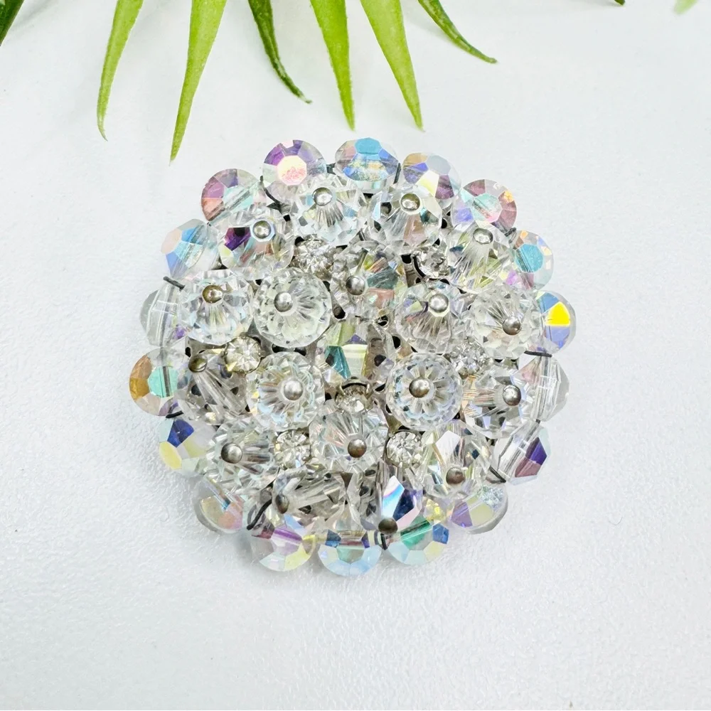 Vintage 50s Retro Aurora Borealis Glass Bead Clear Rhinestone Cluster Brooch