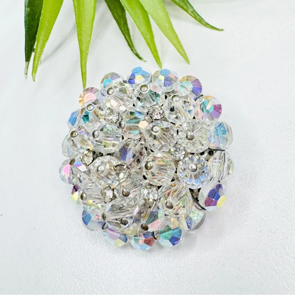 Vintage 50s Retro Aurora Borealis Glass Bead Clear Rhinestone Cluster Brooch