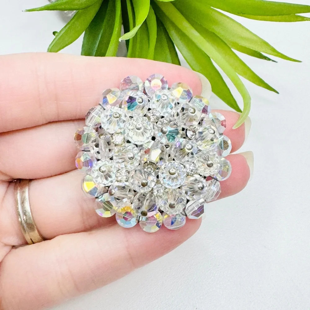Vintage 50s Retro Aurora Borealis Glass Bead Clear Rhinestone Cluster Brooch