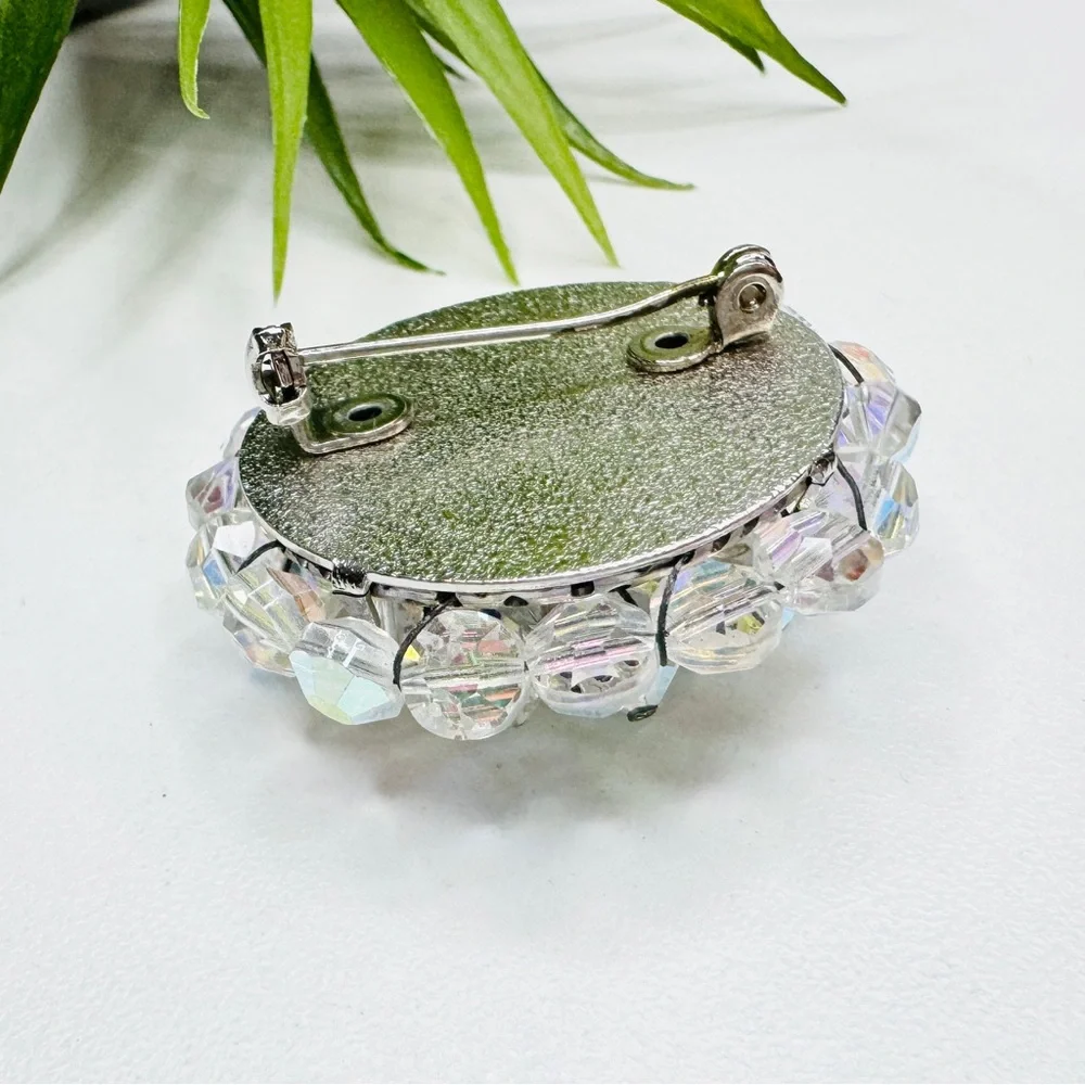 Vintage 50s Retro Aurora Borealis Glass Bead Clear Rhinestone Cluster Brooch
