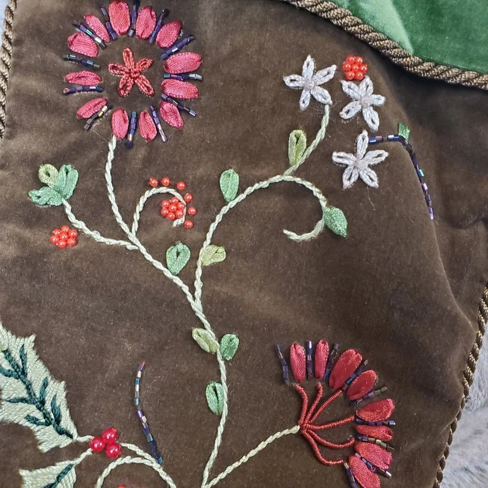 Prima Creations Beaded Floral Christmas Stocking Brown Green Velvet 17‎ Inch