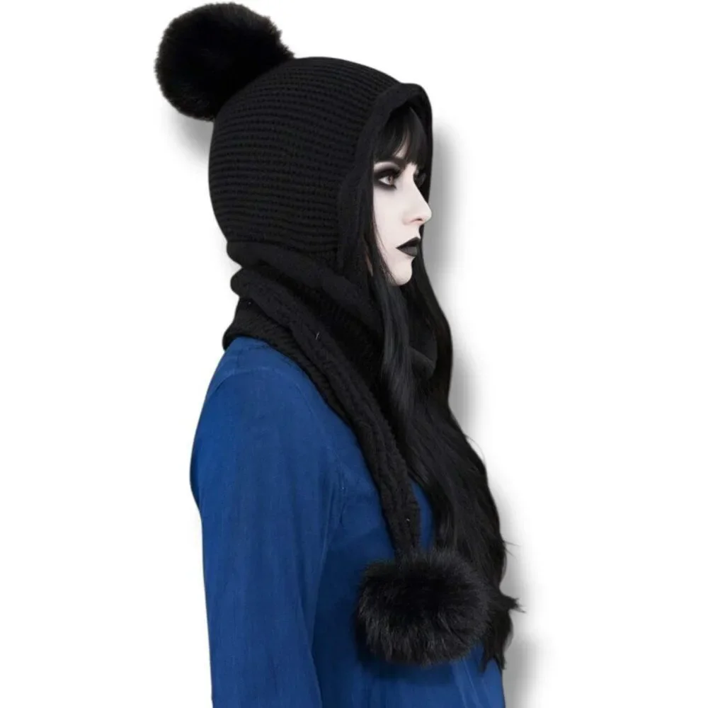 Black Knitted Head Scarf Faux Pom Pom Winter Hat NWT