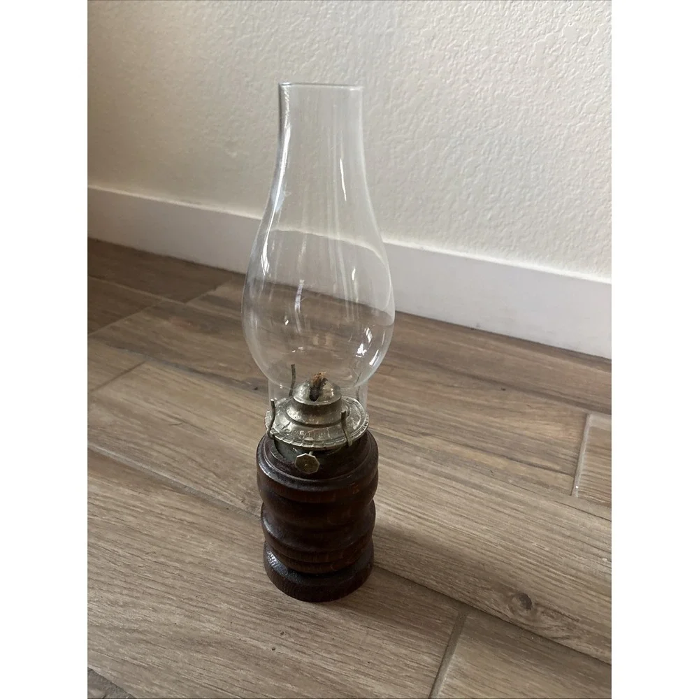 Vintage Wooden And Glass Oil Lamp and Chimney, Stands 14