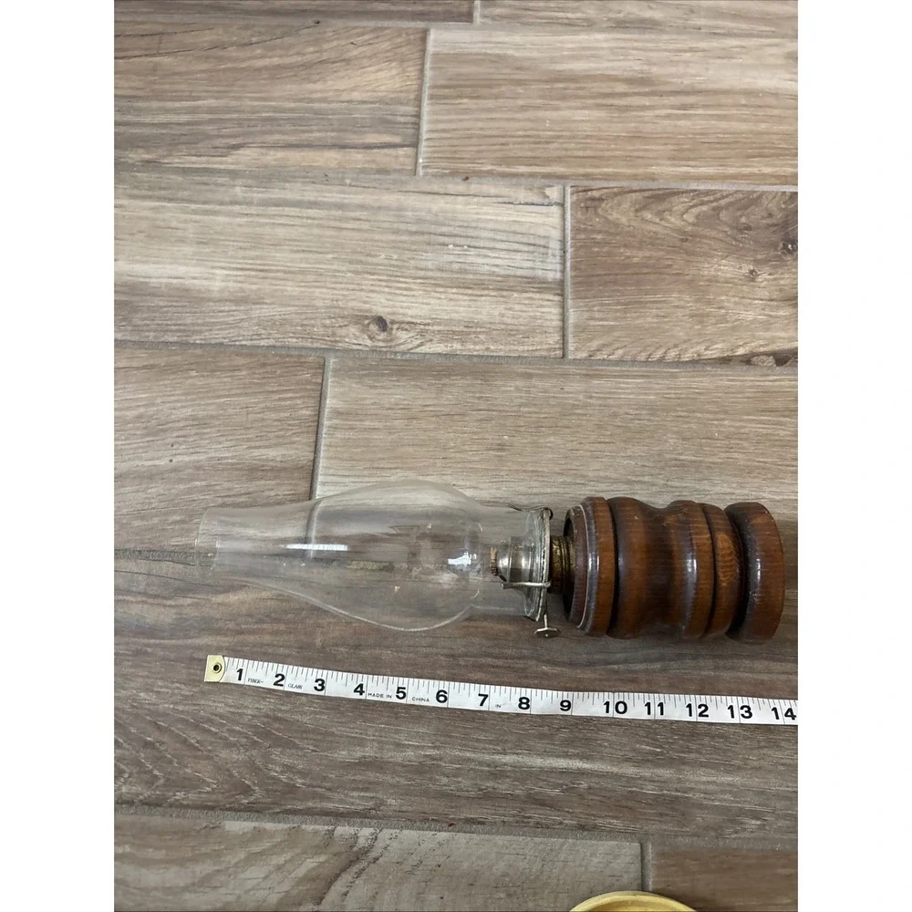 Vintage Wooden And Glass Oil Lamp and Chimney, Stands 14