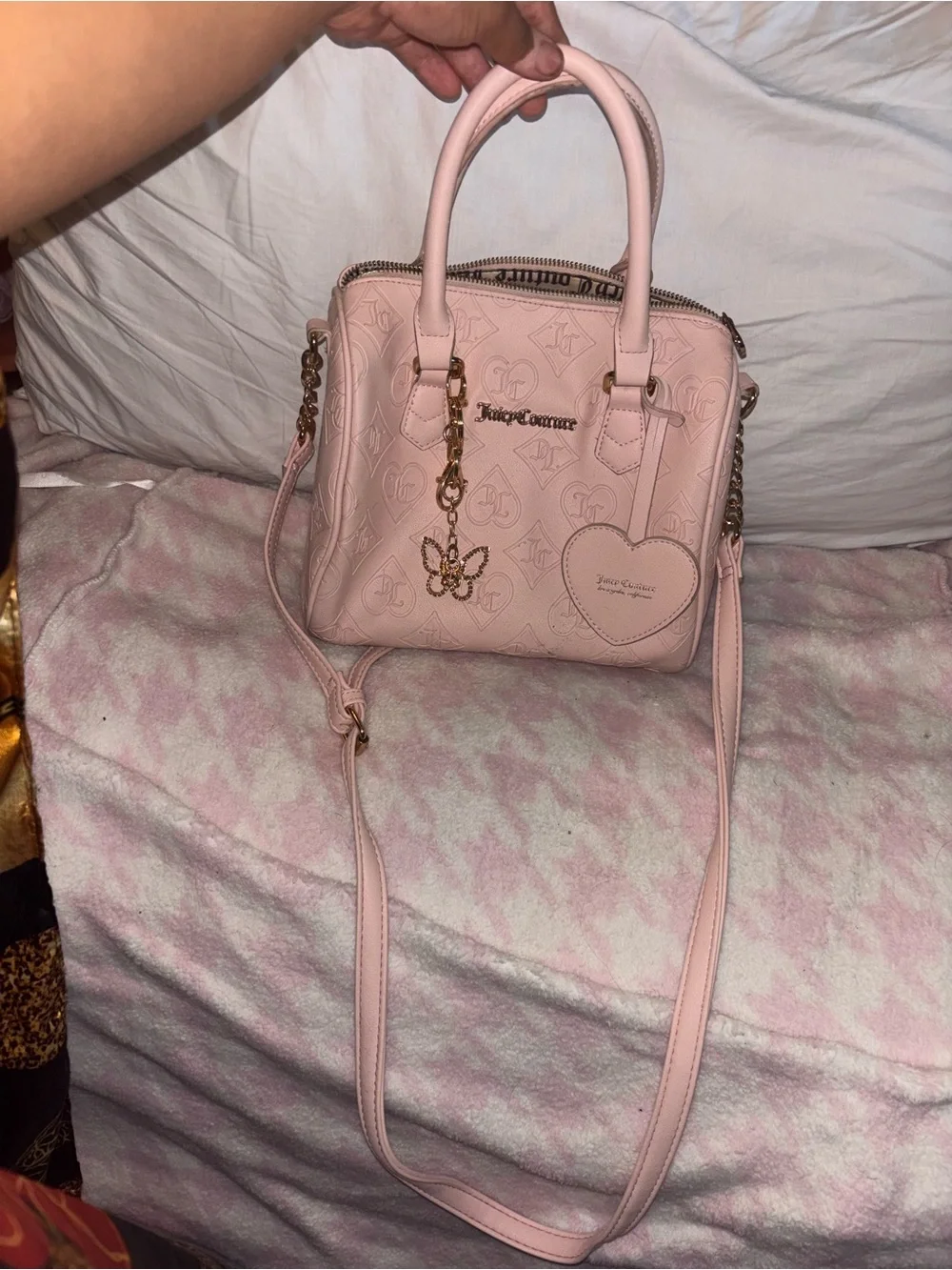 Juicy Couture Blush Pink Embossed Heart Charm Tote with Gold Hardware