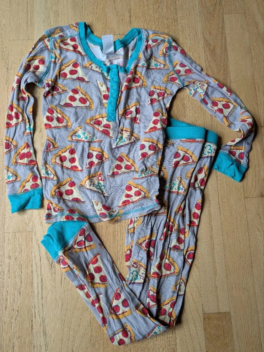 munki munki Pizza Print Long Sleeve Pajama Set with Teal Trim