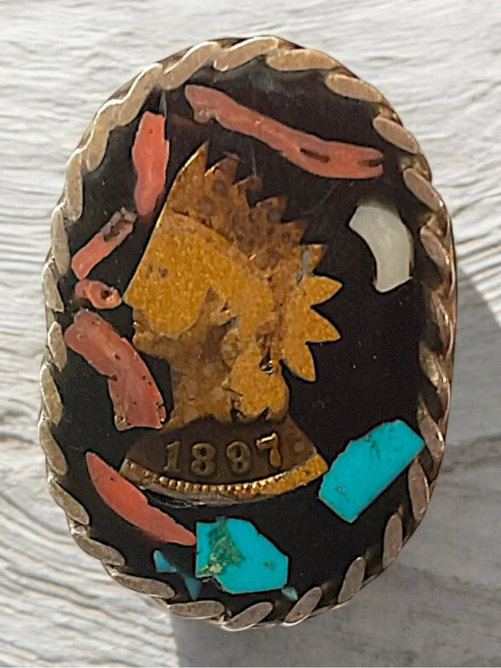 Vintage Sterling Native American Coin Gemstone Mosaic Inlay Ring Size 5.25