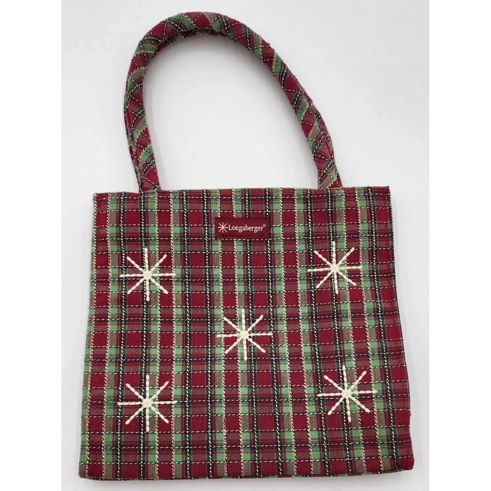 Longaberger Tote Bag Red Green Plaid Snowflake Christmas Holiday Embroidered NEW
