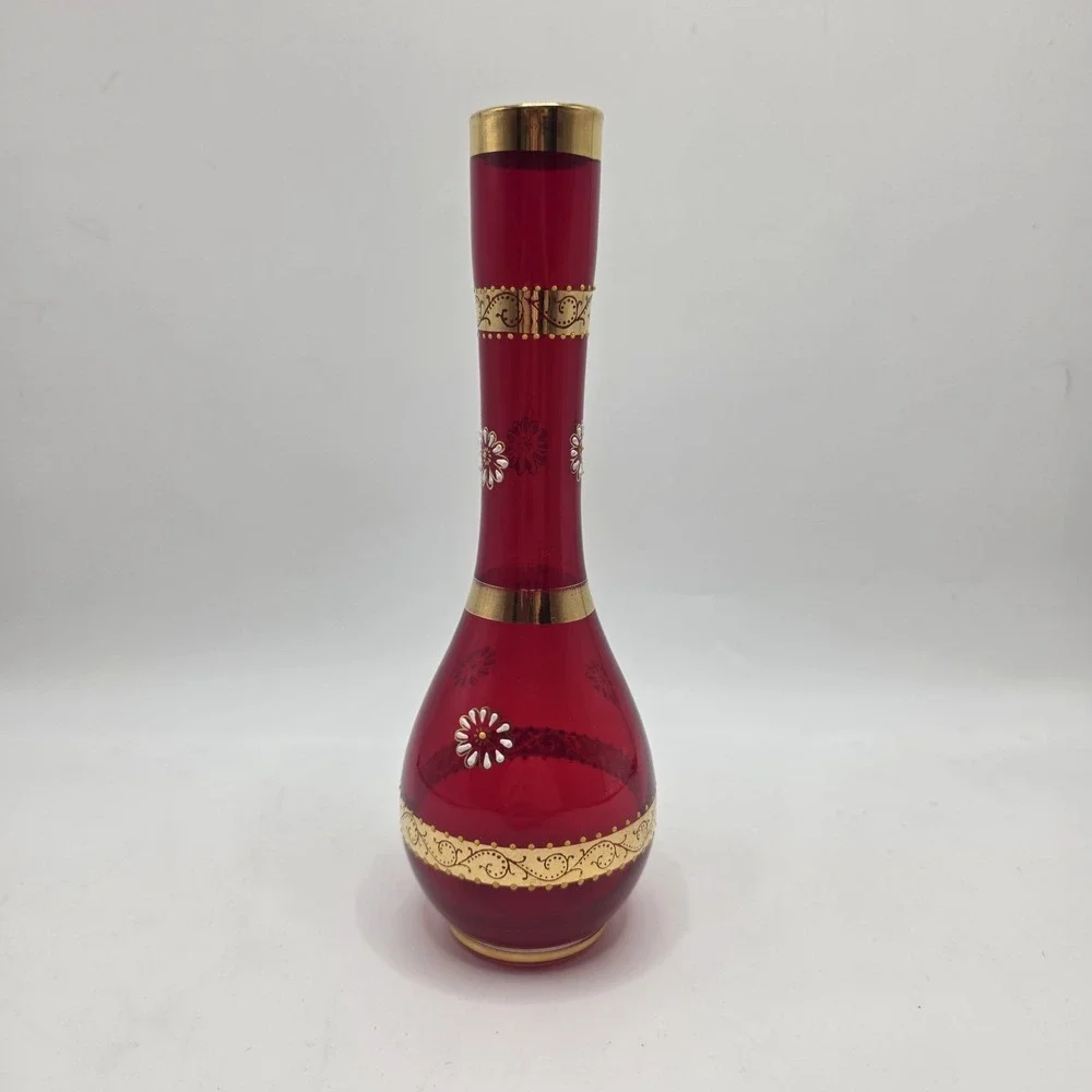 Vintage Ruby Red Glass Bud Vase Gold Enamel Floral Bohemian Style‎ 8in