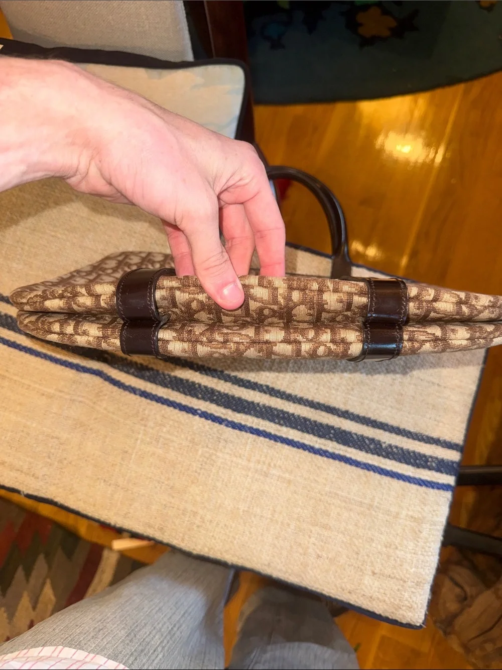 Dior Beige Brown Monogram Canvas Tote with Dark Brown Leather Trim