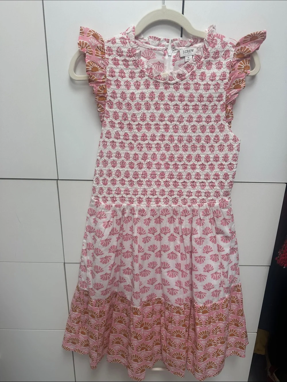 J. Crew Pink and White Printed Ruffle-Sleeve Dress