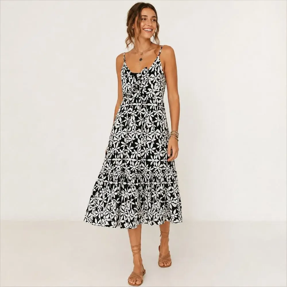 J. Crew Midi Dress Womens Size 2 Cotton Floral Tie Front Cottage Coquette Casual