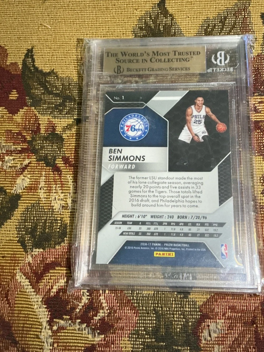2016-17 panini prizm Ben Simmons Rookie #1 76ers Graded Beckett BGS gem mint 9.5
