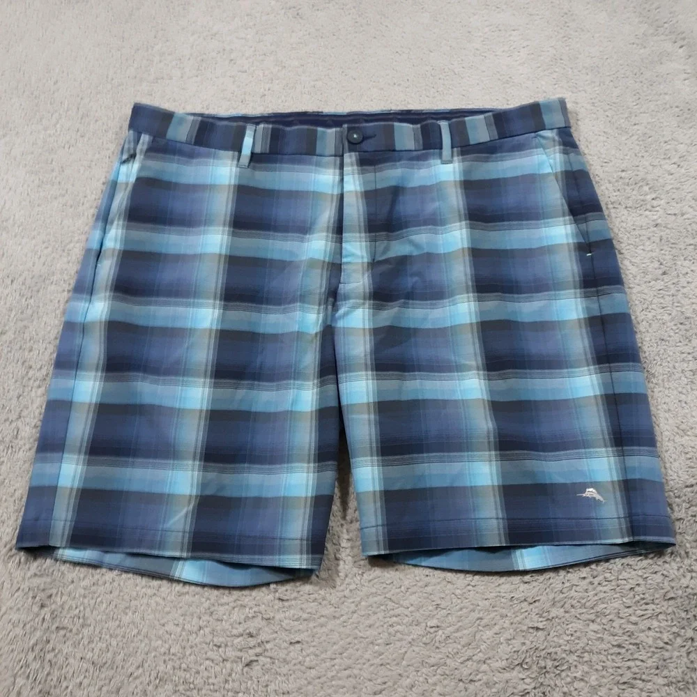 Tommy Bahama Shorts Mens 40 x 9.5 Blue Plaid IslandZone Chino