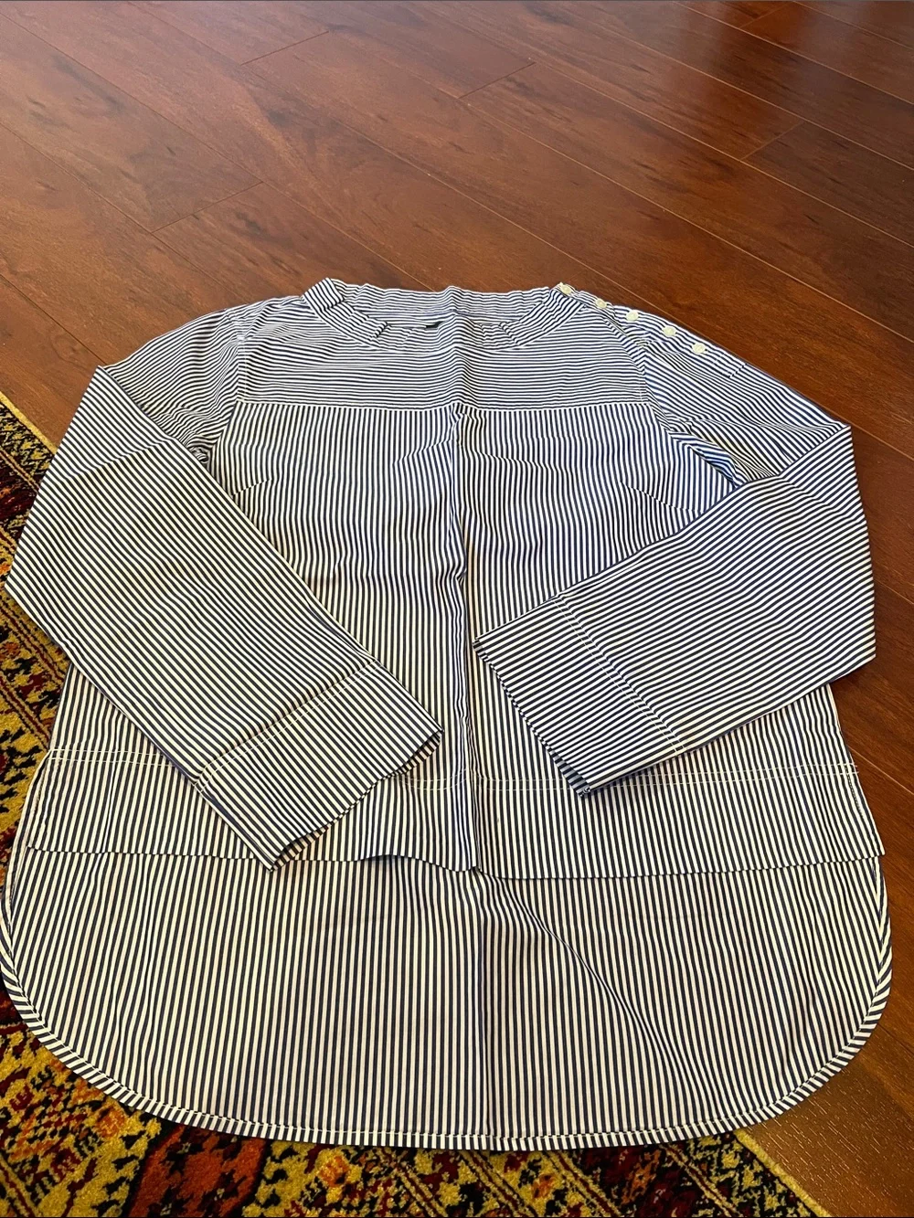 J. Crew Blue and White Striped Button-Shoulder Poplin Shirt