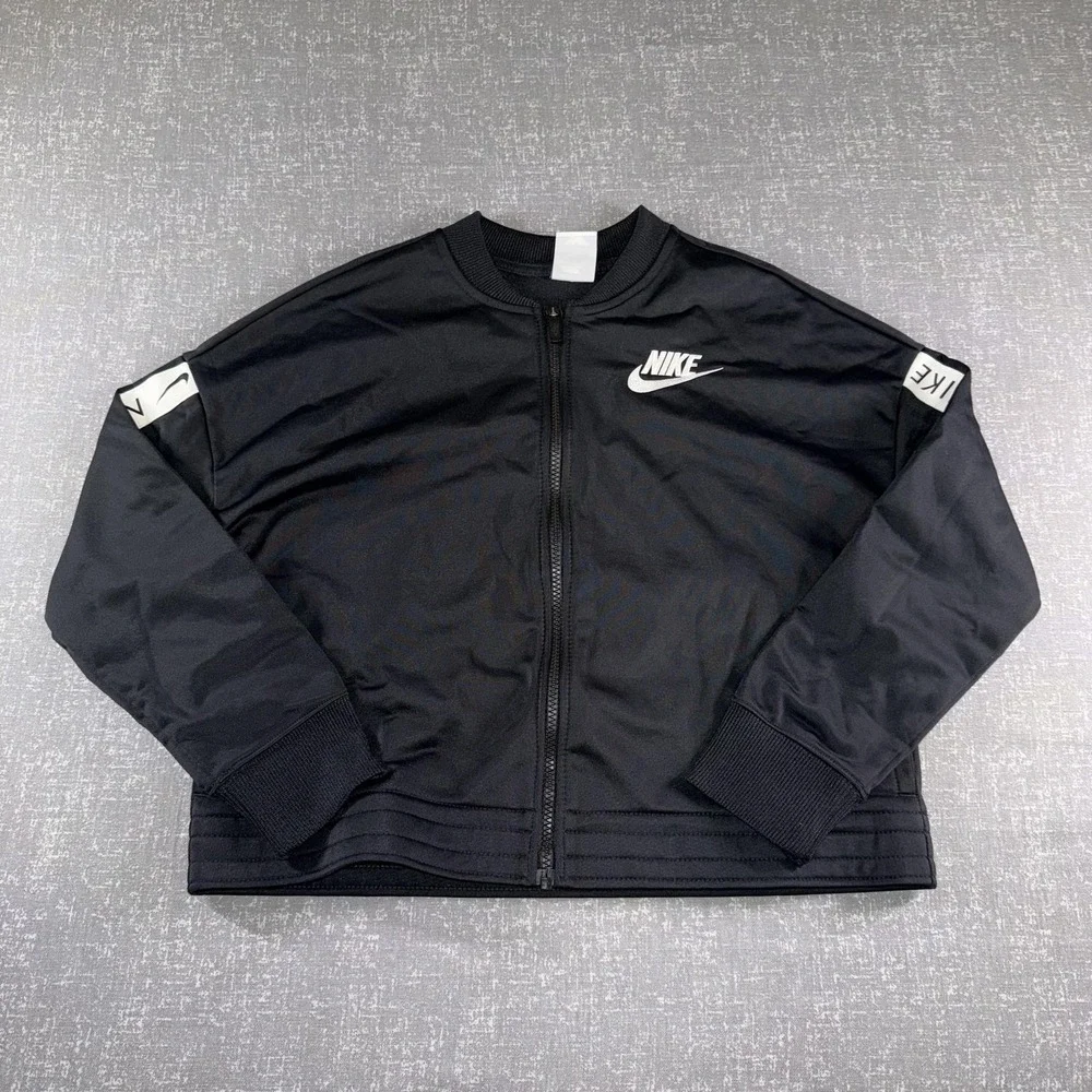 Nike Track Jacket Womens Large Black Full Zip Logo Sleeves Crop Athletic Swoosh