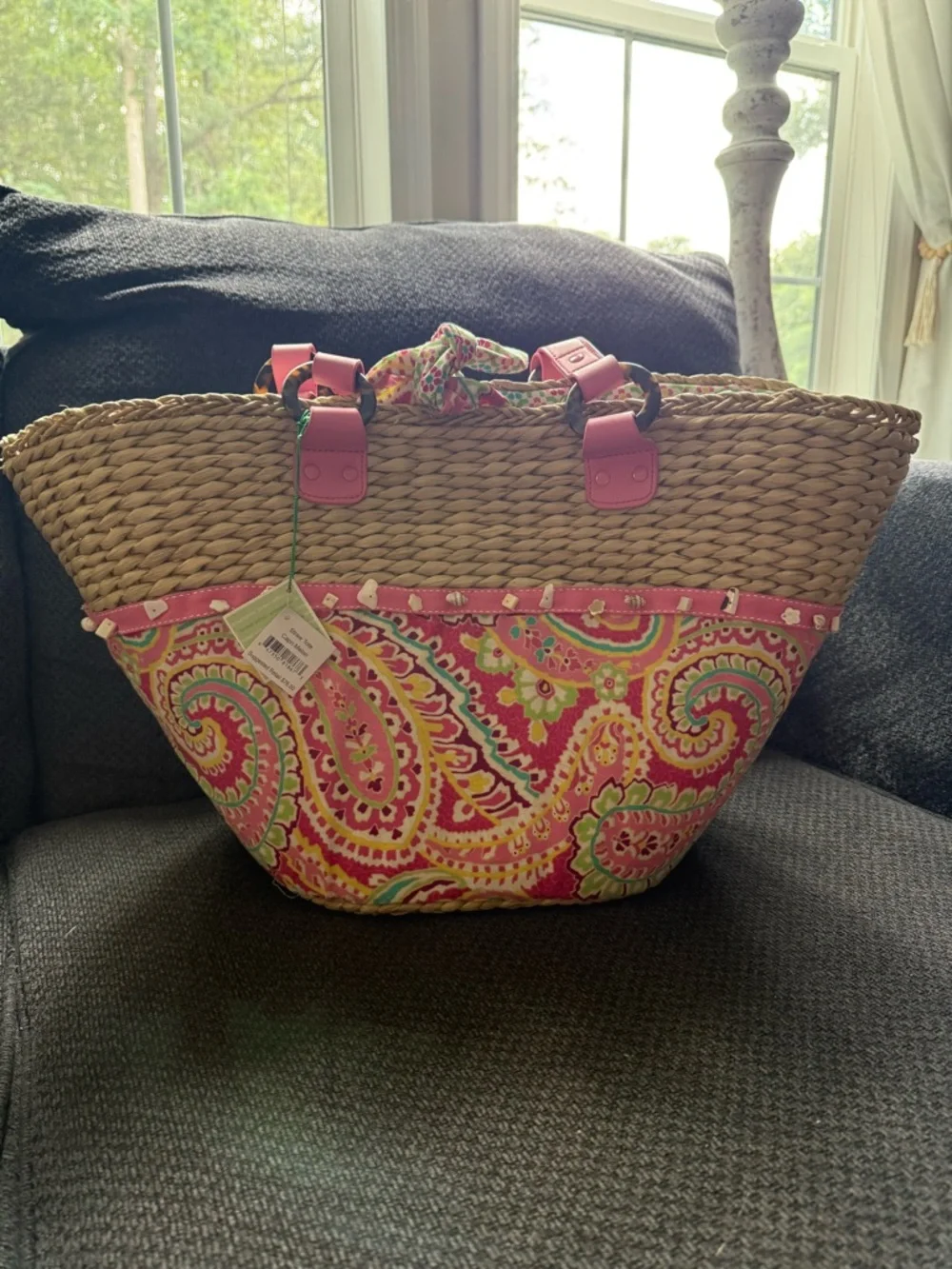 Vera Bradley Pink Paisley Straw Tote with Multicolor Trim