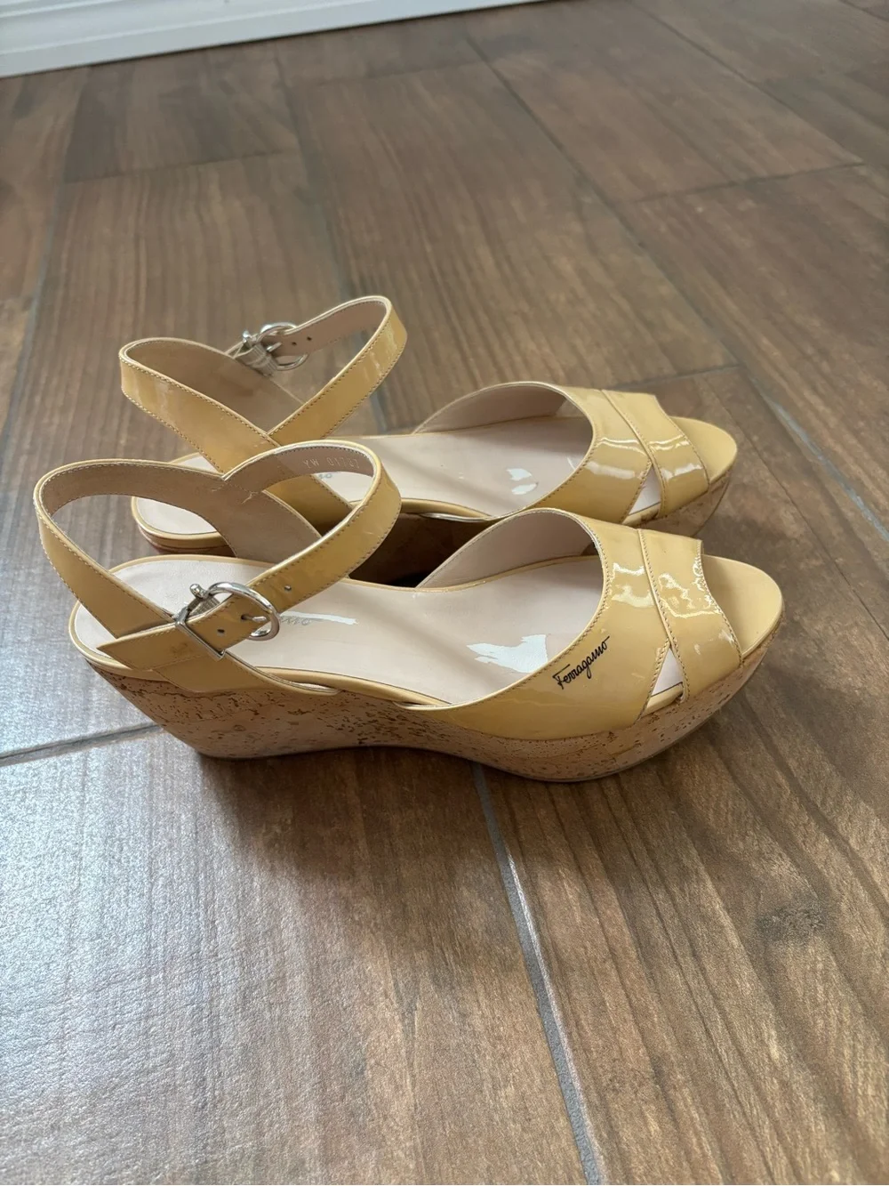 Salvatore Ferragamo Patent Leather My Sunset Cork Wedge Sandals Size 7.5 M