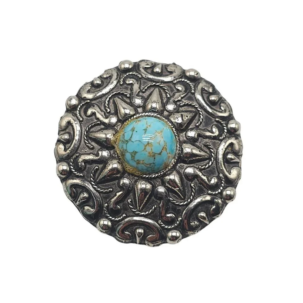 Vintage Silver Tone Medallion Brooch With Faux Turquoise Glass Cabochon