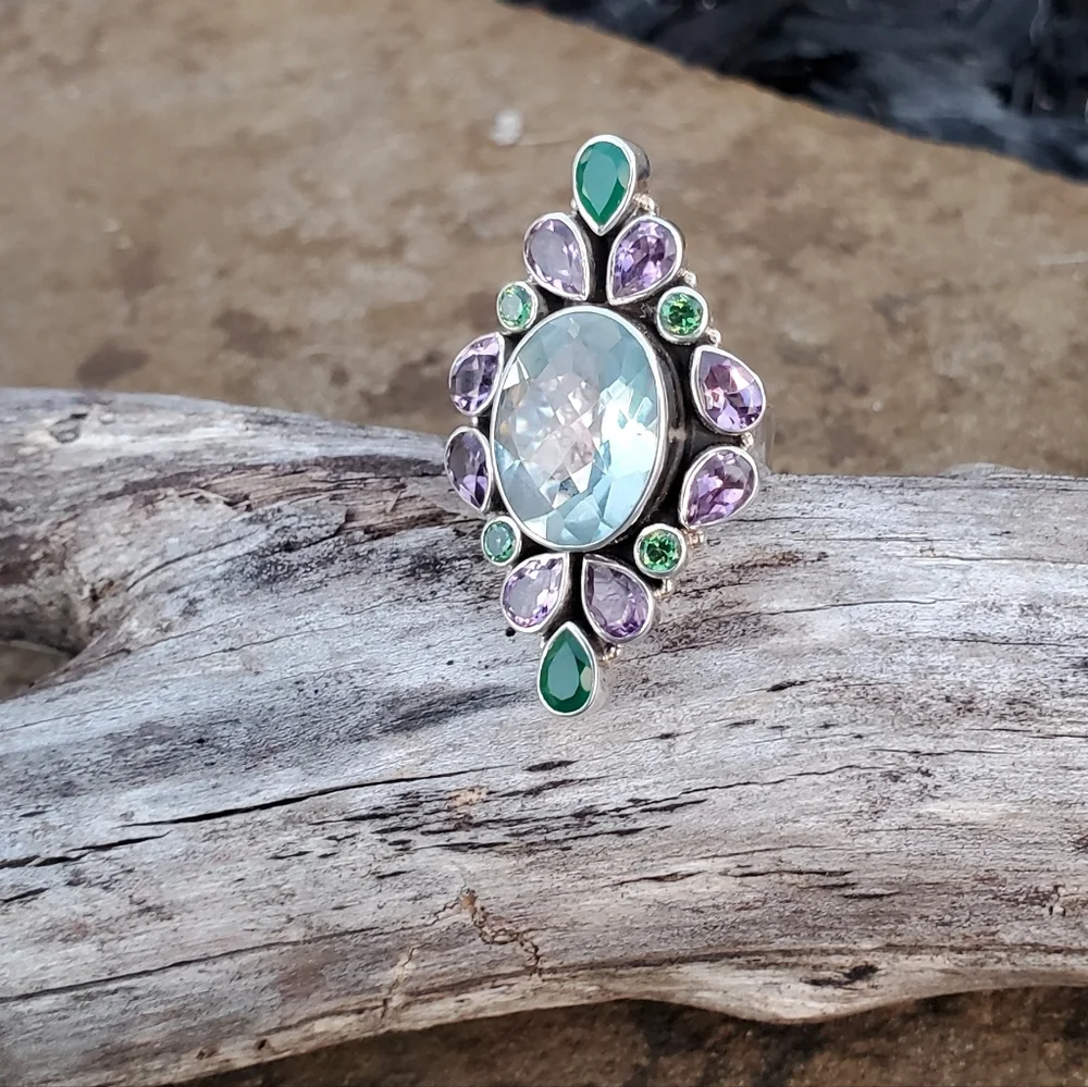 Nicky Butler Aqua Quartz Amethyst Chalcedony 925 Sterling Silver Size 10.5 Ring