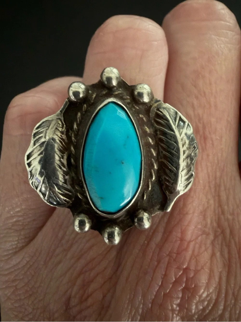 Vintage Navajo Diné Sleeping Beauty Turquoise Sterling Silver Feather Ring 6