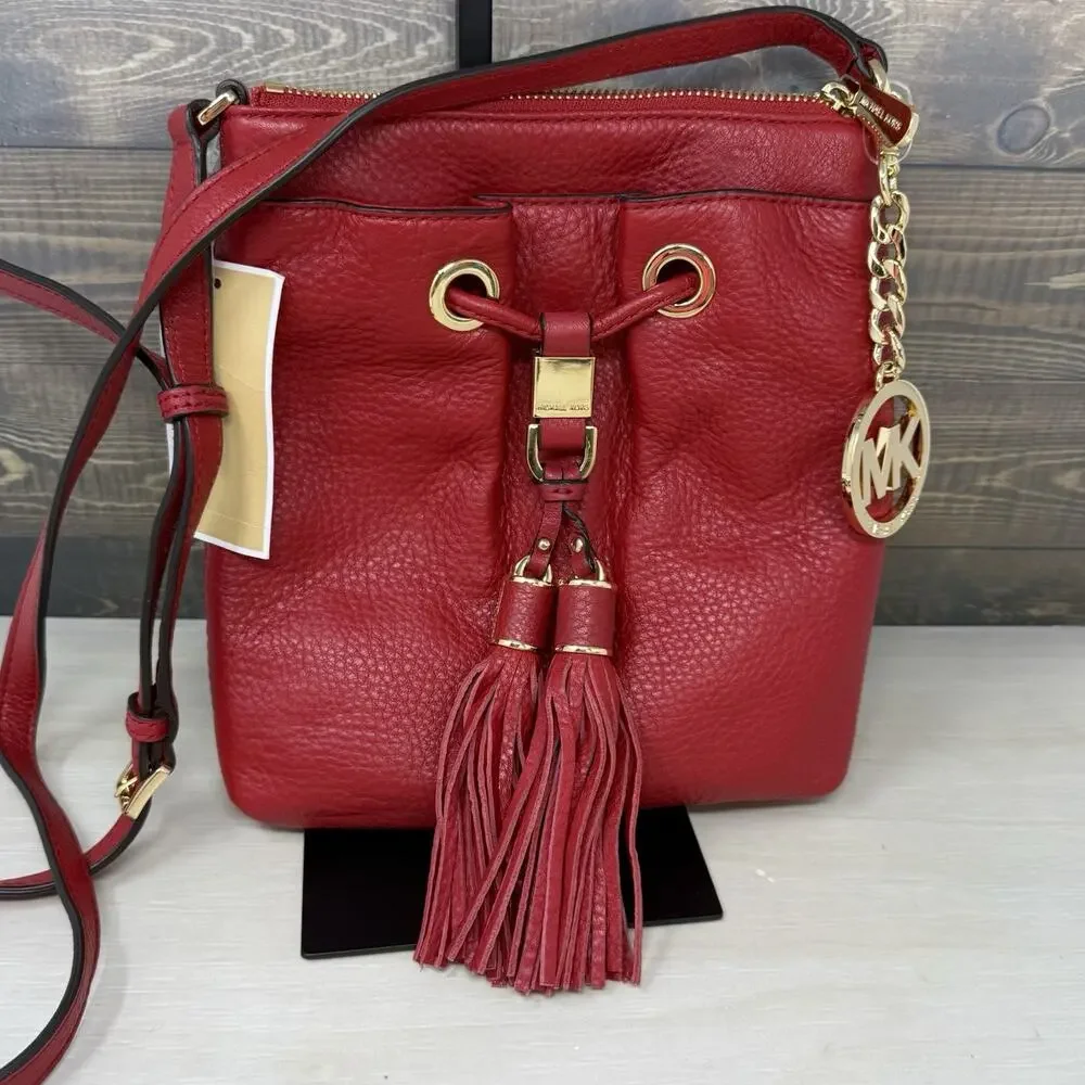 Michael Kors Camden Red Leather Drawstring Crossbody Bag