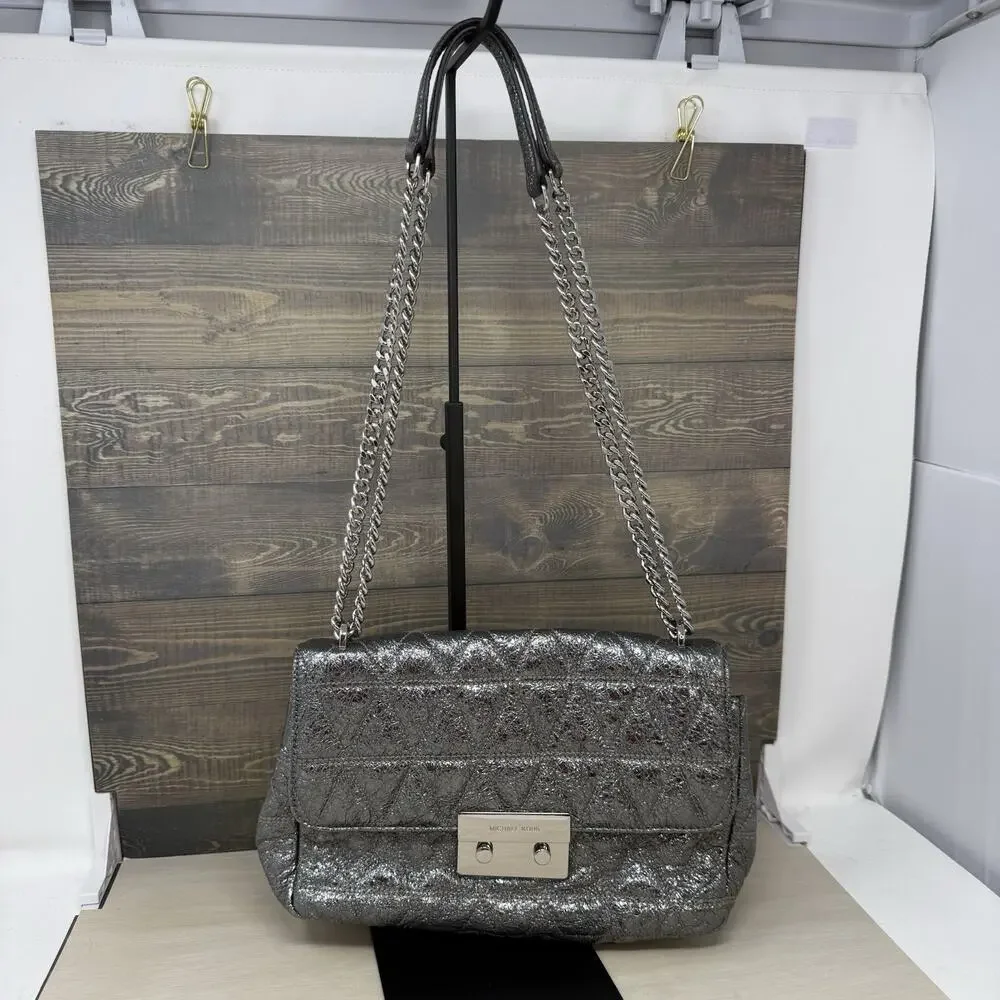 Michael Kors Quilted Sloan Metallic Silver Shoulder Bag Chain Strap