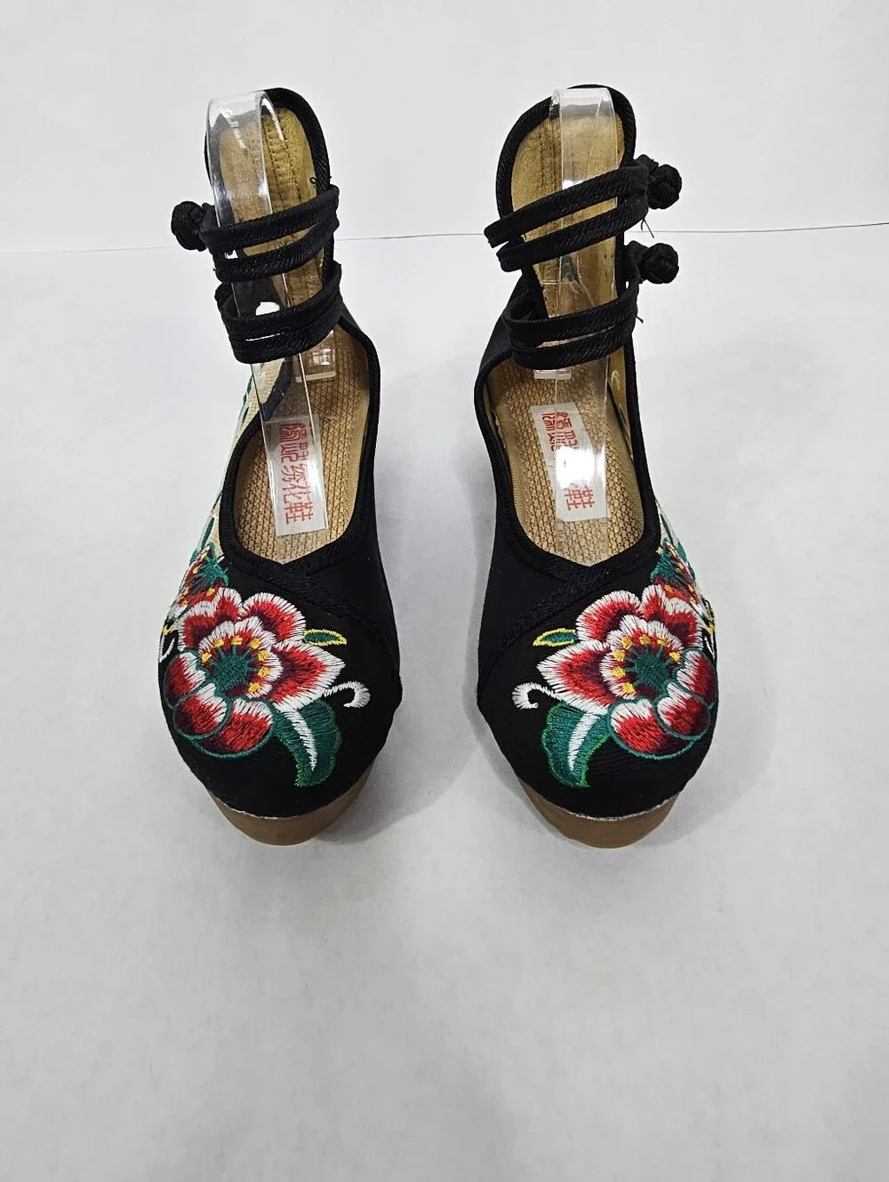 Chinese Floral Embroidered Wedge Mary Janes