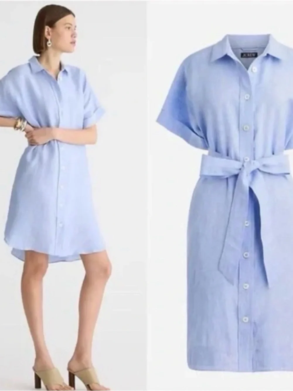 J.Crew Petite Capitaine Linen Shirtdress French Blue PL Button Front Belted