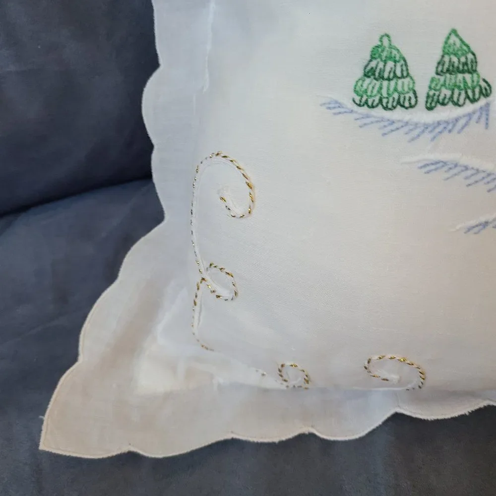 Christmas Snowmen Embroidered Throw Pillow Gold Cord Embellished Scalloped Trim