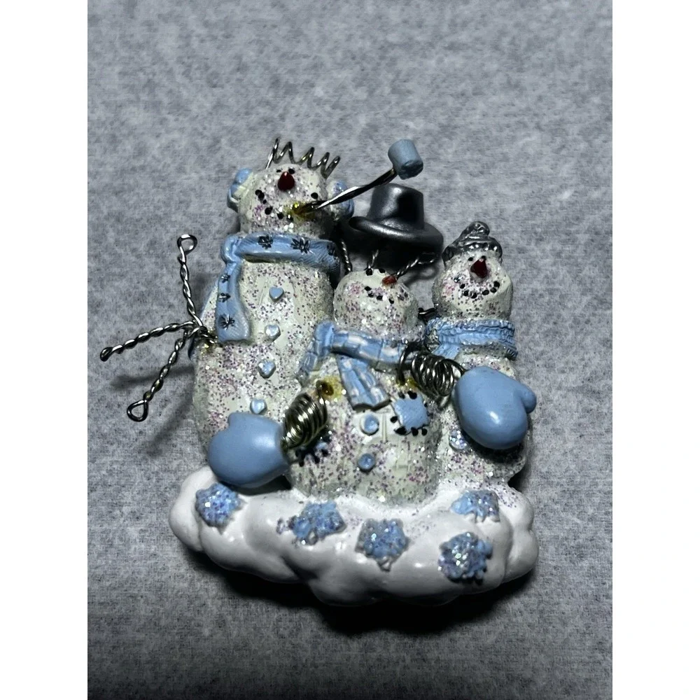 SNOWMAN Family Brooch Blue Hat & Scarf & Blue Buttons Glitter Accents 2