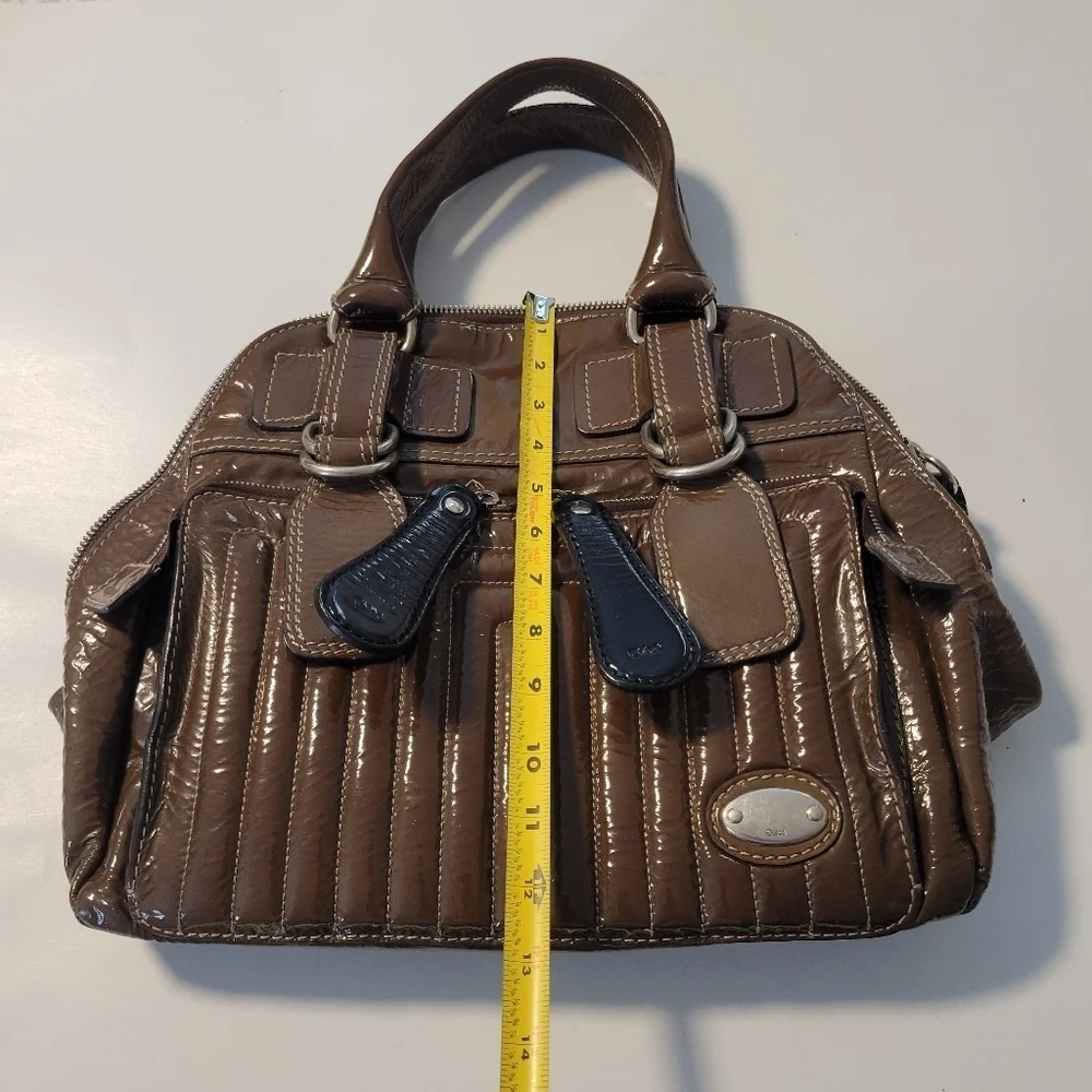 Chloe Bay Quilted Patent Leather Satchel Bag.