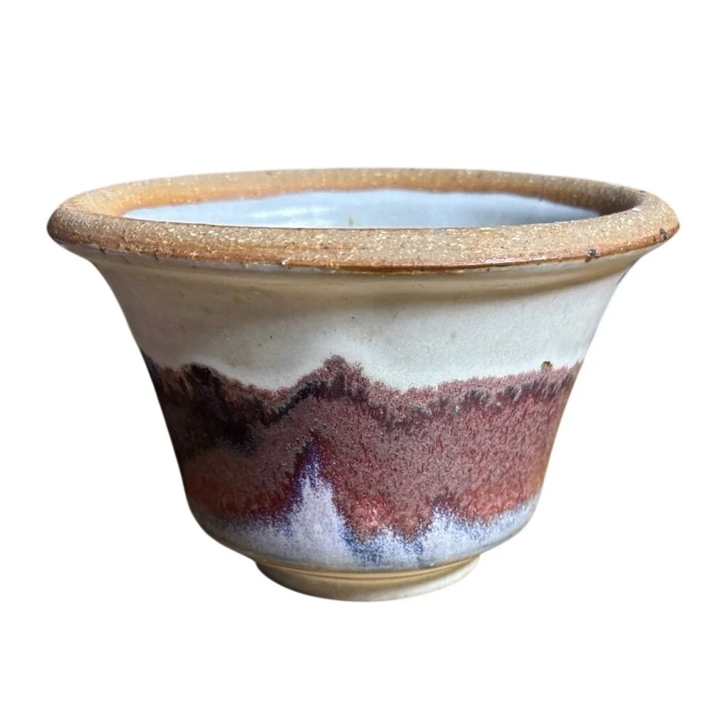 Vintage Studio Pottery Vase Handcrafted Red White Blue Swirl Drip Design 4