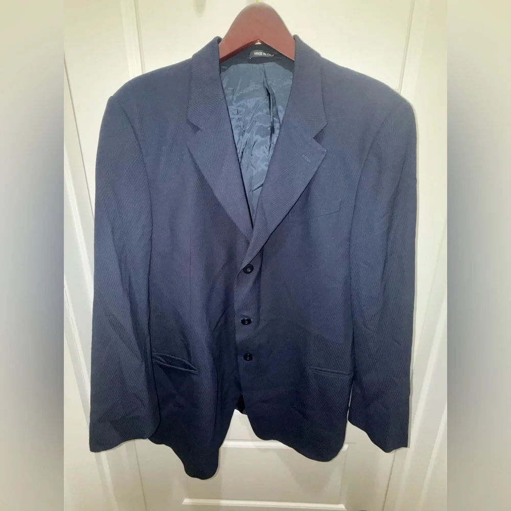 Armani Collezioni. Navy Bias Textured Self Stripe Blazer. Size 46R.