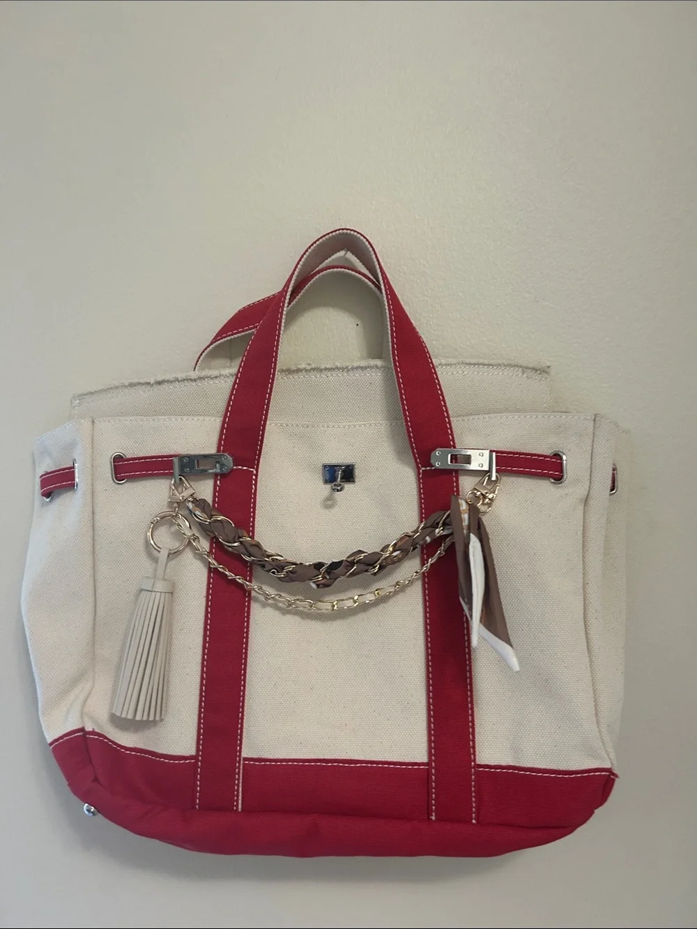 Boatkin Canvas Tote Bag with Red Trim and Tassel and chains