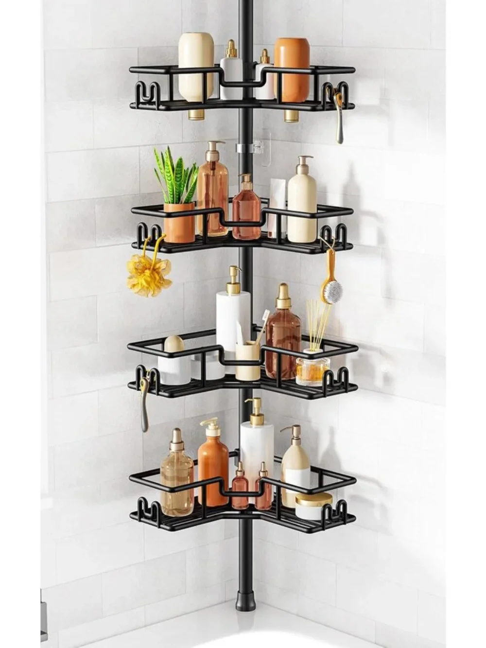 Adjustable 4-Tier Shower Caddy Tension Pole - Rustproof Corner Organizer Rack