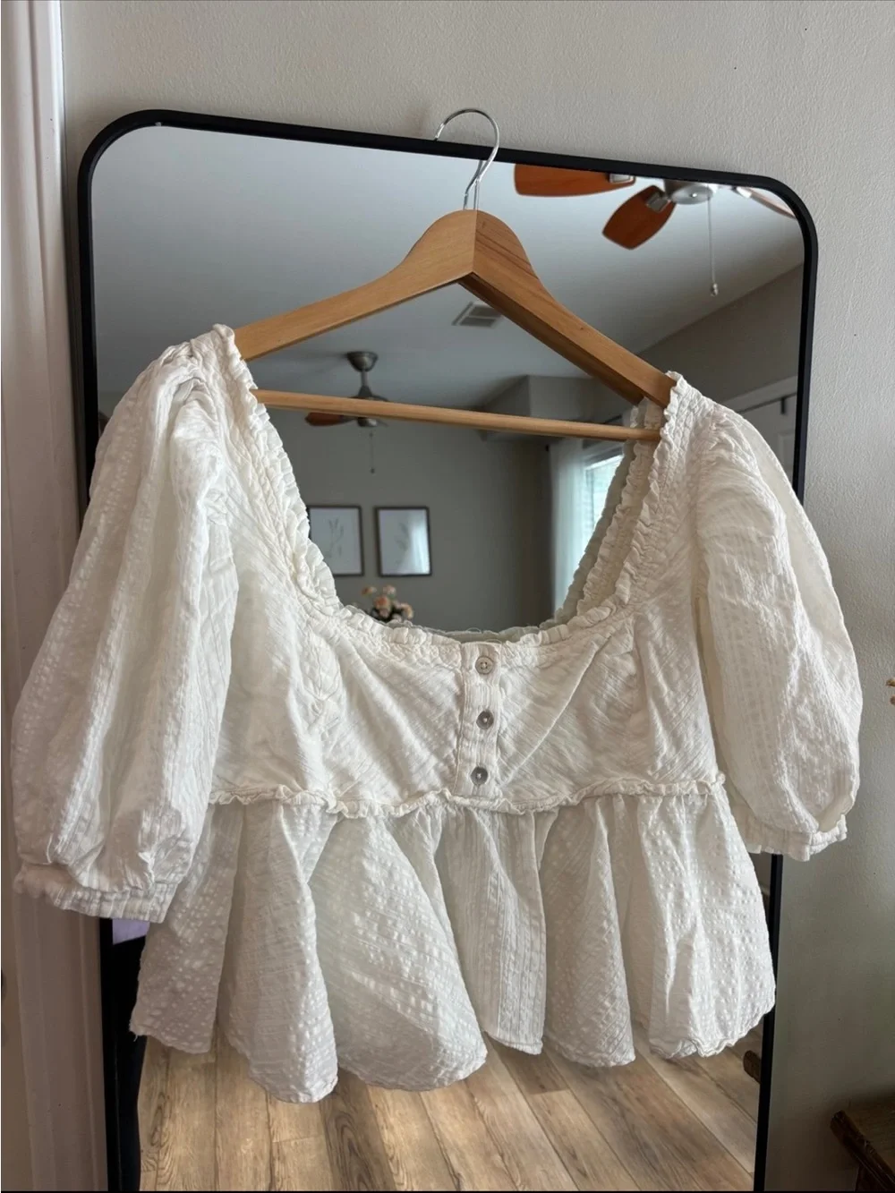 Free People White Peplum Puff Sleeve Square-Neck Blouse with Button Front