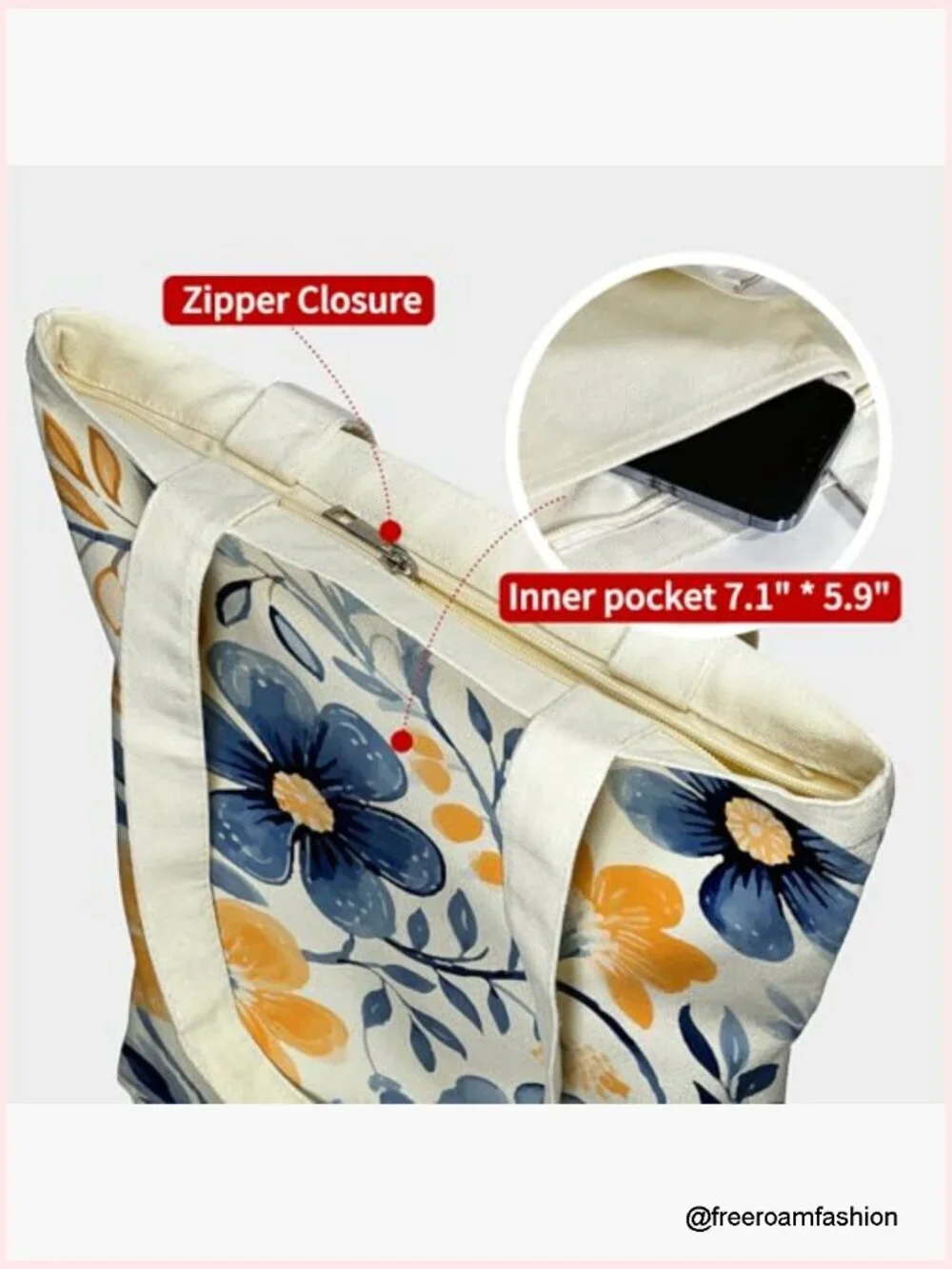 Canvas Tote Bag with Zipper, Heavy Duty 12 oz Cotton Reusable Shopping Bag