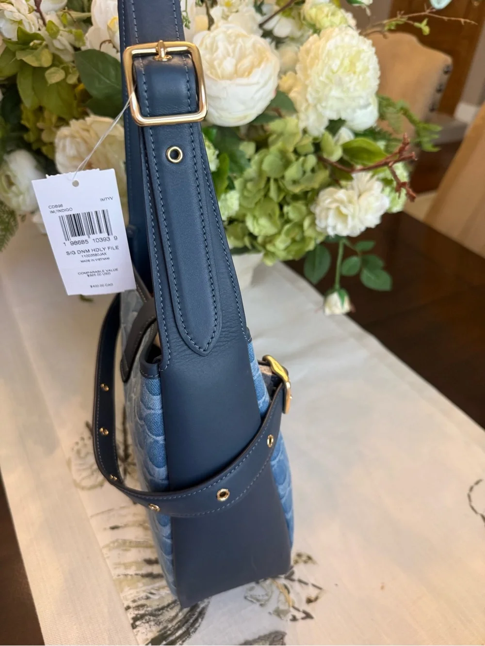 Coach Denim Signature Shoulder Bag with Navy Trim and Gold Hardware
