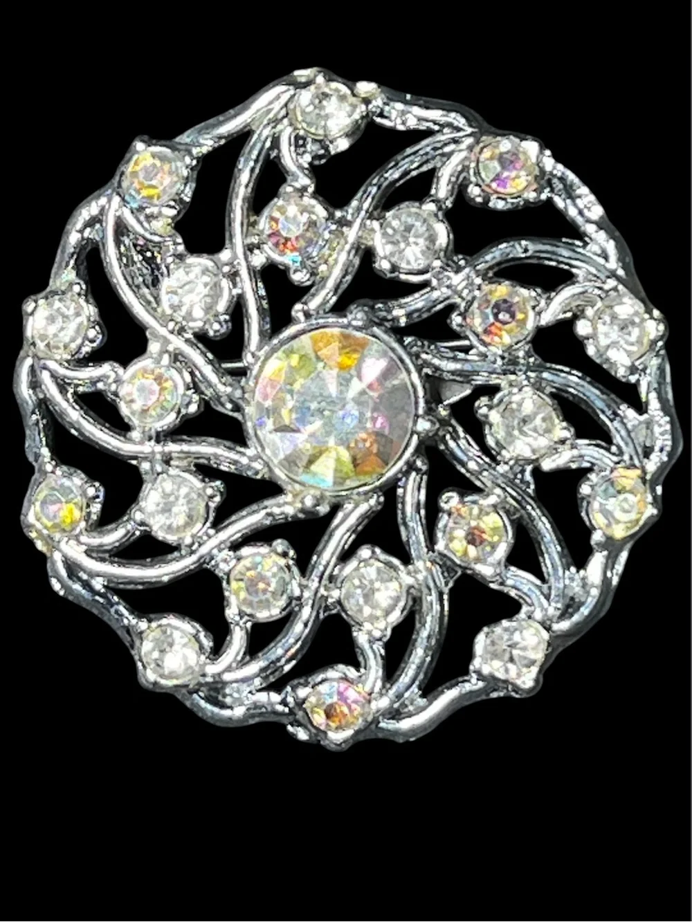 Vintage AB Crystal Rhinestone Silver Filigree Round Brooch
