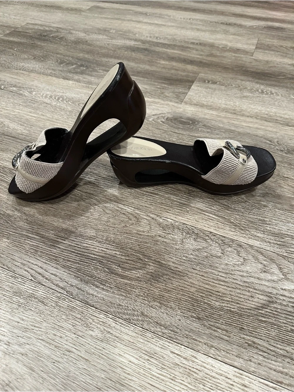 Calvin Klein Chocolate Brown and Cream Cutout Wedge Sandals