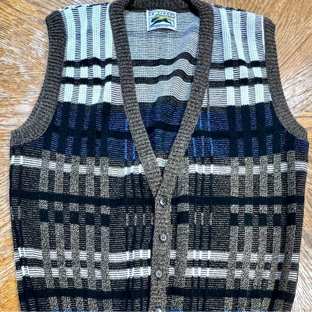 VINTAGE 80s plaid knit sweater vest button front cardigan earthy neutral grandpa