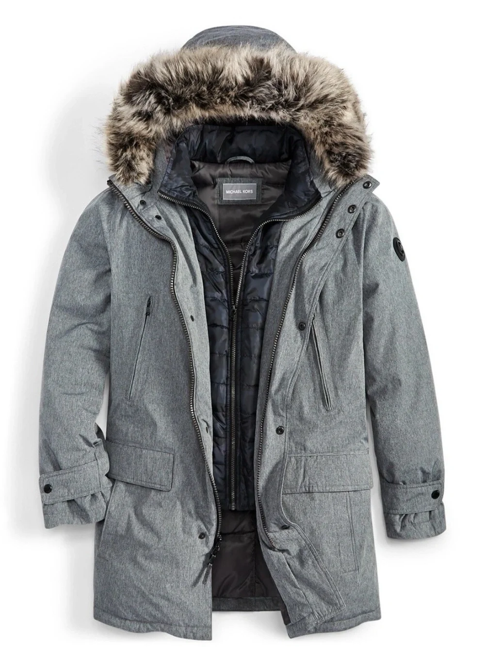 Michael Kors Heather Grey Quilted-Trim Parka with Faux Fur Hood