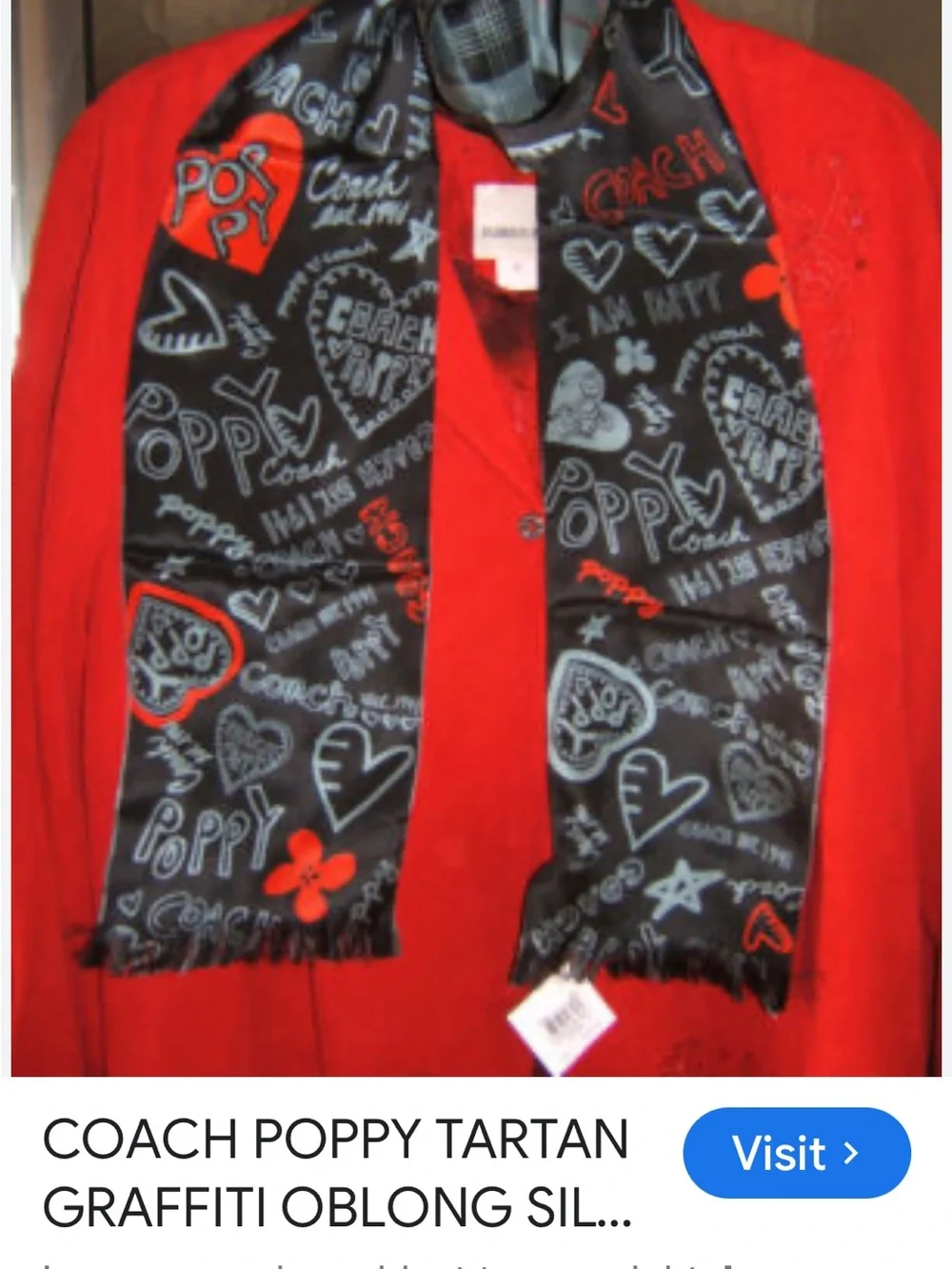 Coach Black Scarf with Red and White Poppy Graphics